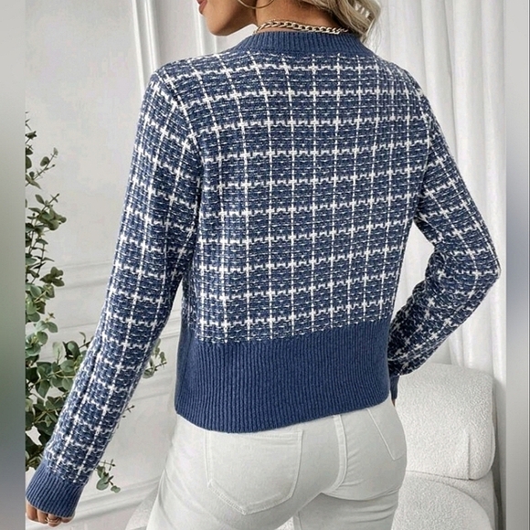 New Chic Plaid Tweed Knit Cardigan Sweater Blue White - Picture 5 of 8